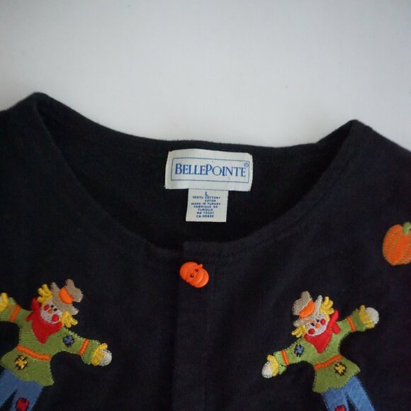 Vintage BellePointe Black Pumpkin Scarecrow Cotton Halloween Holiday Cardigan L - Picture 11 of 11